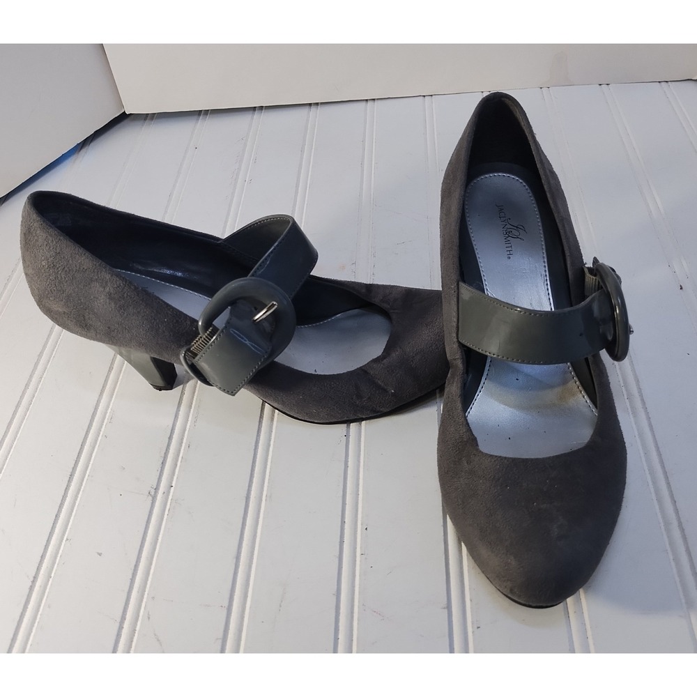 Jaclyn Smith Womens 8.5 M Grey Suede Mary Jane Chunky Buckle Heels Dark Academia